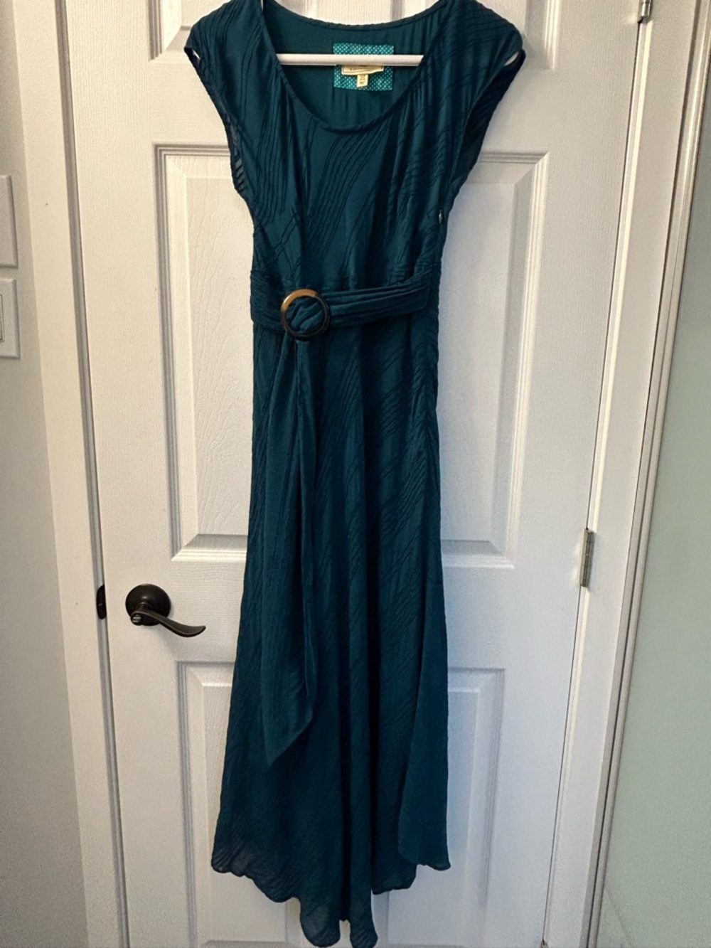 Anthropologie Guinevere Teal Maxi Dress Belted Asymmetrical Hem Size 0 - Picture 2 of 9